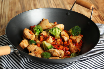 Chicken stir fry with vegetables in pan