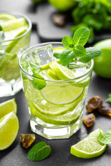 Summer mint lime refreshing cocktail mojito with rum and ice in glass on black background
