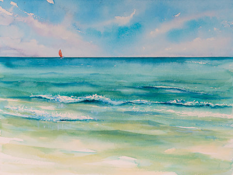 Tropical beach background.Picture created with watercolors.