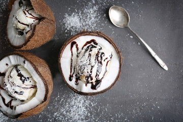 Ice cream with desiccated coconut and chocolate syrup in halves of nut on grunge background