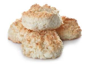 Delicious coconut macaroons on white background