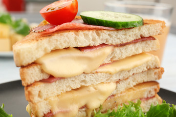 Tasty sandwich with cheese and sausage, closeup