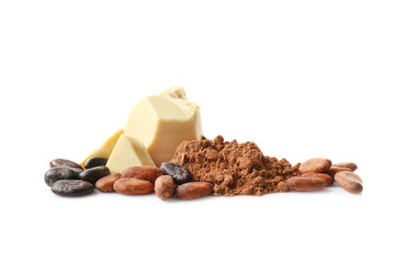 Aromatic cocoa powder, beans and butter on white background