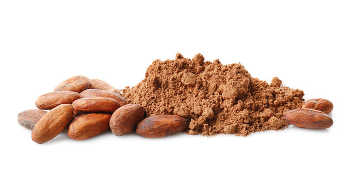 Aromatic cocoa powder and beans on white background