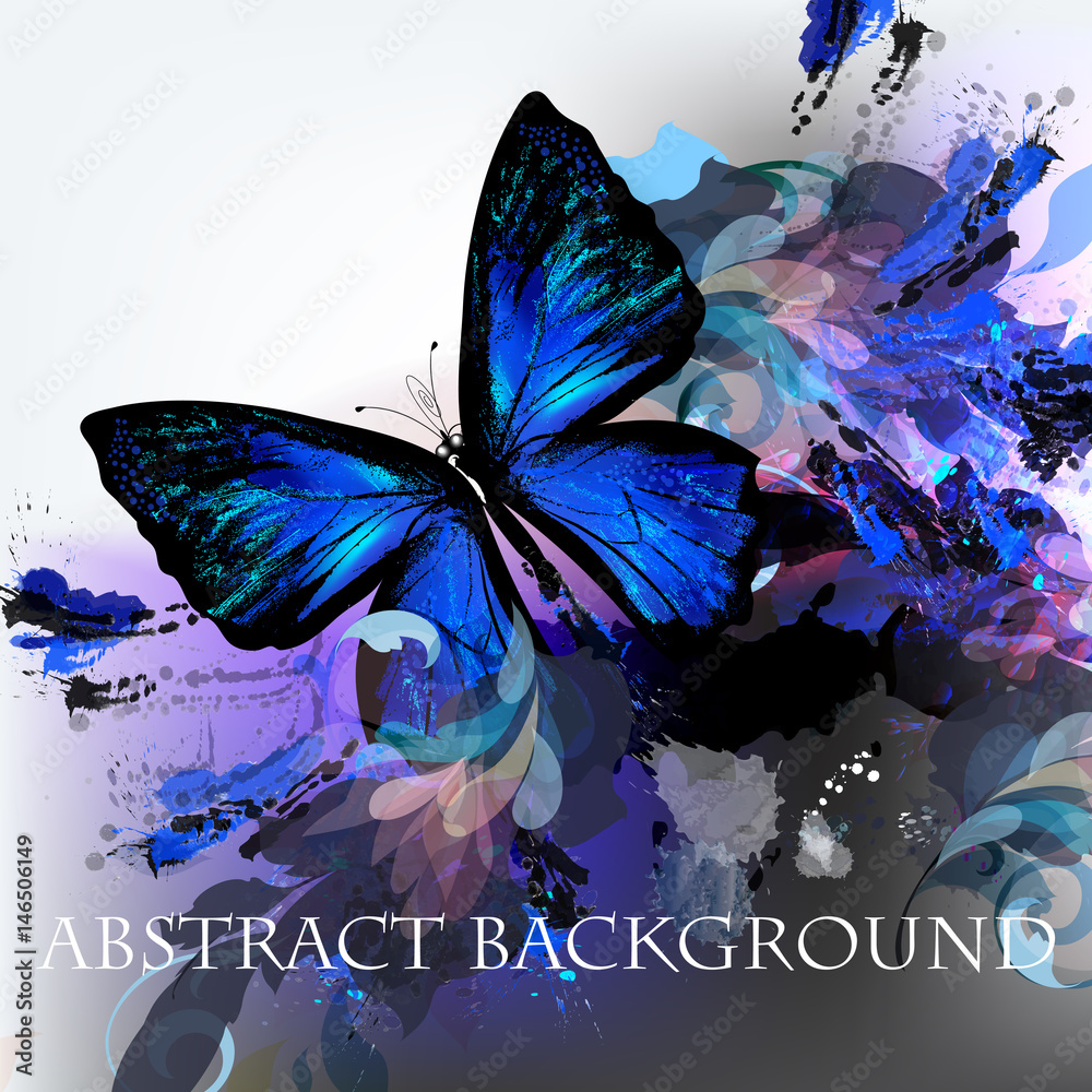 Poster abstract vector background with ink colored spots and blue butterfly