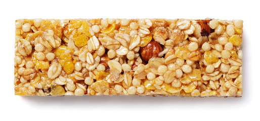 Top view of healthy granola bar (muesli or cereal bar) isolated on white background with clipping path
