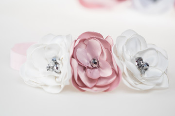 Headband - bow for girls, cute gentle flowers in shades of pearly white and pink