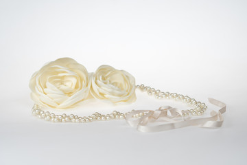 Handmade satin fabric - Creamy roses with pearls