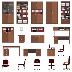 Set of office furniture isolated on a white background. There are filing cabinets, shelves, desks, chairs and other objects in the picture. Vector flat illustration.