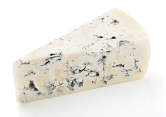 Slice of soft blue cheese with mold isolated on white background. Blue cheese slice with clipping path
