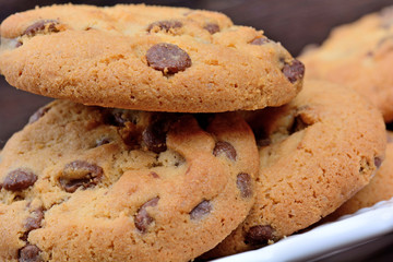 Plate with chocolate chip cookies on wooden background