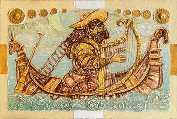 Obraz premium Gesso hand drawn illustration with a man on a boat with a harp on a yellow background