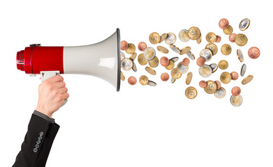 money rain euro coins out of megaphone in business man hand stock market easy money concept