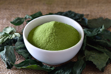 Green tea powder in white bowl