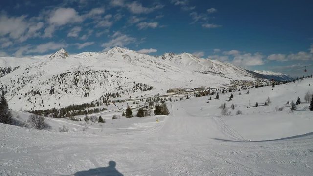 Skiing through the eyes of the skier.
Stabilized track record of skiing in a beautiful resort in Europe.
