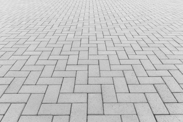 Paver brick floor also call brick paving, paving stone or block paving. Manufactured from concrete or stone for road, path, driveway and patio. Empty floor in perspective view for texture background.