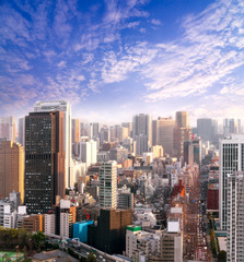 Cityscape of Tokyo, city aerial skyscraper view of office building and downtown and traffic in rush hour of tokyo with sunset / sun rise background. Japan, Asia