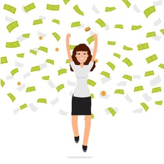Fototapeta premium Businesswoman jumping in money rain. Finance , teamwork concept. Vector illustration.