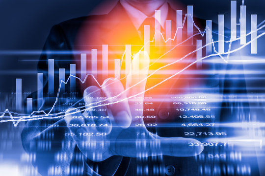 Double exposure business man on stock financial exchange. Stock market financial  indices on LED. Economy return earning. Stock market financial overview in market economy. Economy analysis background