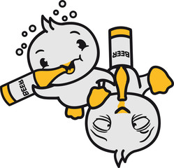 2 freunde team paar trinken betrunken besoffen saufen bier flasche alkohol party feiern durst küken süß niedlich klein baby kind ente vogel comic cartoon