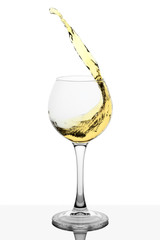 Splash of white wine in the cup filling on a white background