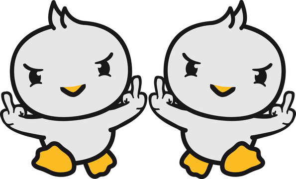 2 freunde team paar gang b&ouml;se beleidigung mittelfinger wichser fuck you off fick dich w&uuml;tend k&uuml;ken s&uuml;&szlig; niedlich klein baby kind ente vogel comic cartoon