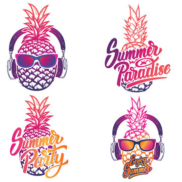Enjoy summer. Set of summer emblems. Pineapple with sunglases and headphones. Vector illustration.