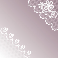 Abstract lace frame of white flowers on a lilac background