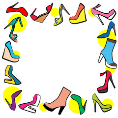 Round frame of multi-colored female shoes on a white background