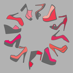 A circular set of pink women's shoes on a gray background