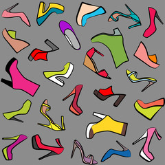 Seamless pattern of multi-colored women shoes on a gray background