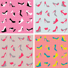 Set of seamless patterns of multi-colored women shoes