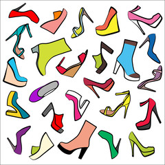 Set of multicolored women shoes on white background