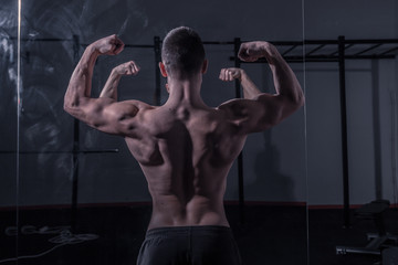 bodybuilder, muscular strong back, mirror image