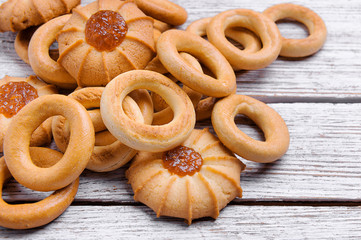 cookies and drying laid out on a table by equal ranks