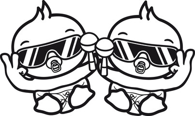 2 freunde team paar cool peace hand symbol sonnenbrille schnuller windel rassel spielen küken süß niedlich klein baby kind ente vogel comic cartoon
