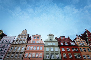 Wroclaw, Poland 22nd october 2016. Colorful houses in the historic market square of Wroclaw with clear blue sky in the background