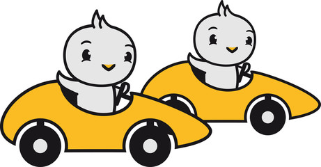 2 freunde team küken spaß winken auto fahren führerschein schnell rennen wettrennen rasen süß niedlich klein baby kind ente vogel comic cartoon