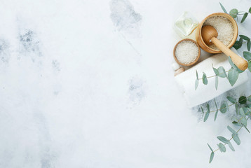 Massage and Spa products with branches of eucalyptus.