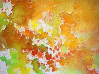Abstract art background. Green, yellow and red acrylic color dye on canvas.  Warm color.