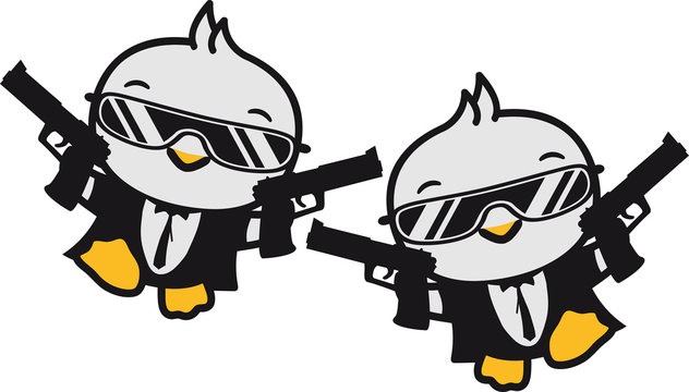 2 freunde team duo paar waffen pistolen sonnenbrille cool mantel gangster böse agent spion küken niedlich klein baby kind ente vogel comic cartoon