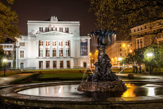 City scene. Latvian National Opera House at night.