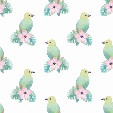 Watercolor tropical pattern with birds