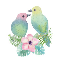 Watercolor tropical birds, flowers and leaves - 146622928