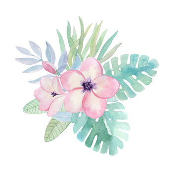 Watercolor illustration, tropical flowers, leaves