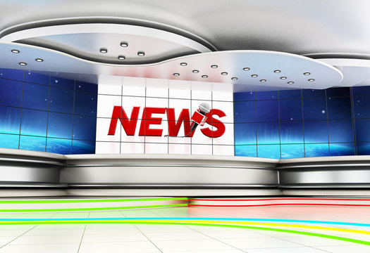 Modern news studio with large TV screens. 3D illustration