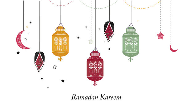 Ramadan Kareem with lamps, crescents and stars. Traditional black lantern of Ramadan