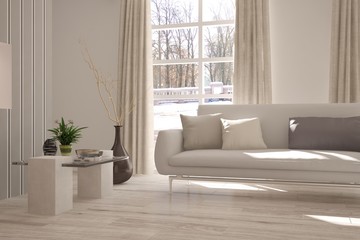 White room with sofa and winter landscape in window. Scandinavian interior design. 3D illustration