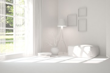 White empty room with green landscape in window. Scandinavian interior design. 3D illustration