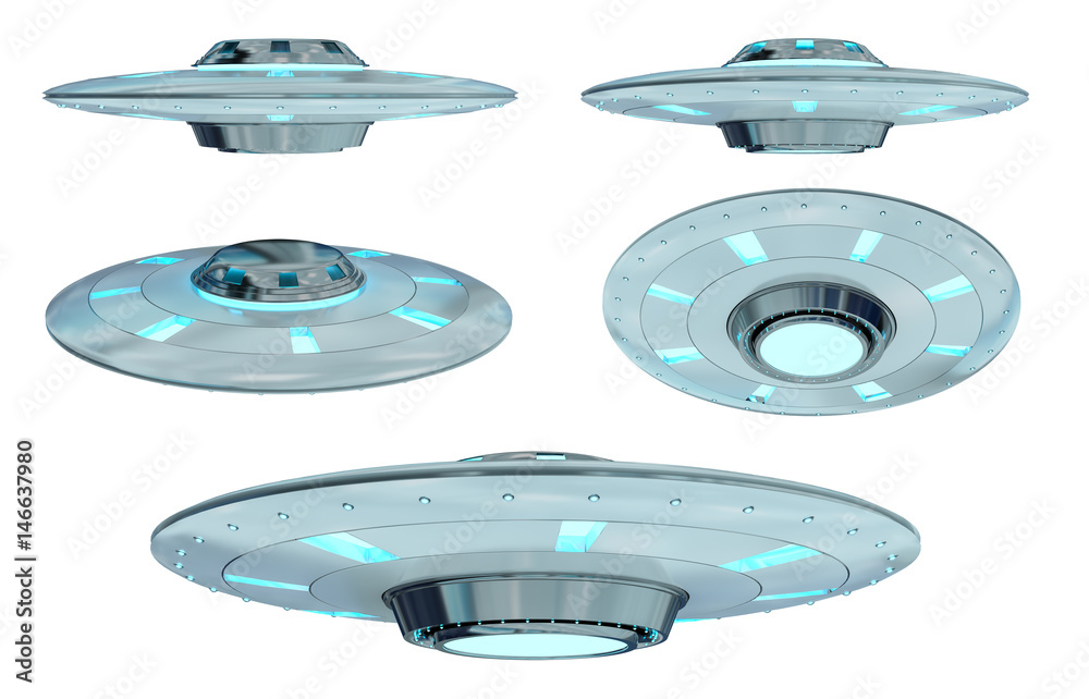 Poster Vintage UFO collection isolated on white background 3D rendering